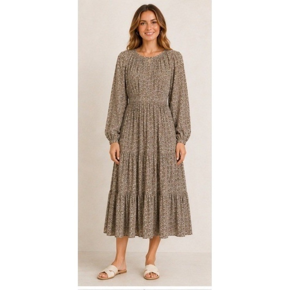 LAUDE THE LABEL Tiered Maxi Dress Long Sleeve Brown Sequin Print Sz XS/S